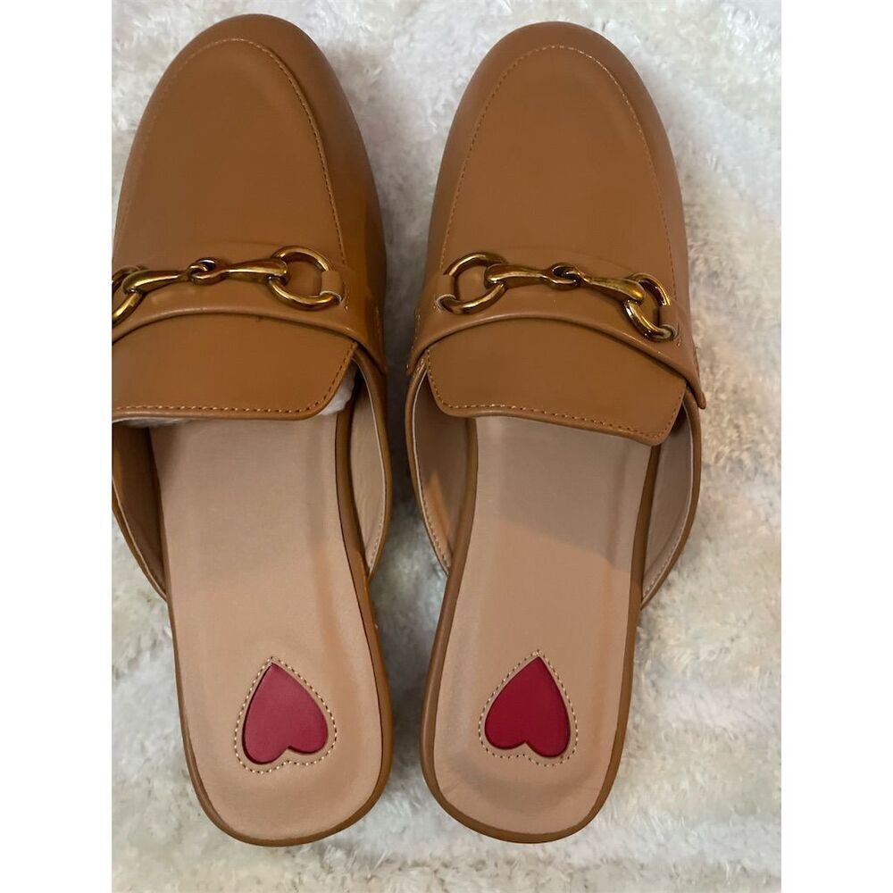 Women's Brown Leather Slip-On Mules Size 7.5 w/ Buckle & Heart Accent - Picture 5 of 8